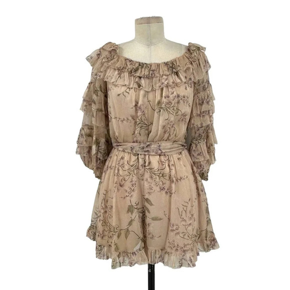 Zimmermann Unbridled Off-the-shoulder Ruffle‎ Romper Lilac Wisteria Floral - Picture 2 of 9